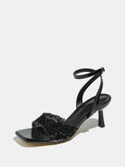 Mescini black rhinestone square toe heeled sandals, single shoe in profile view, US women's sizes