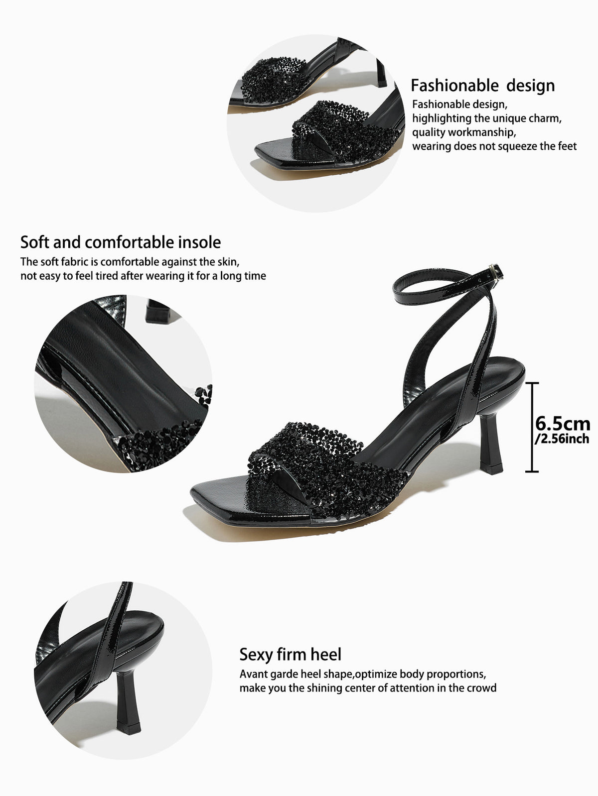 Mescini black rhinestone square toe heeled sandals, graphic with design and insole notes, US women's sizes