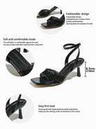 Mescini black rhinestone square toe heeled sandals, graphic with design and insole notes, US women's sizes