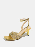Mescini gold rhinestone square toe heeled sandals, single shoe in full side view, US women's sizes
