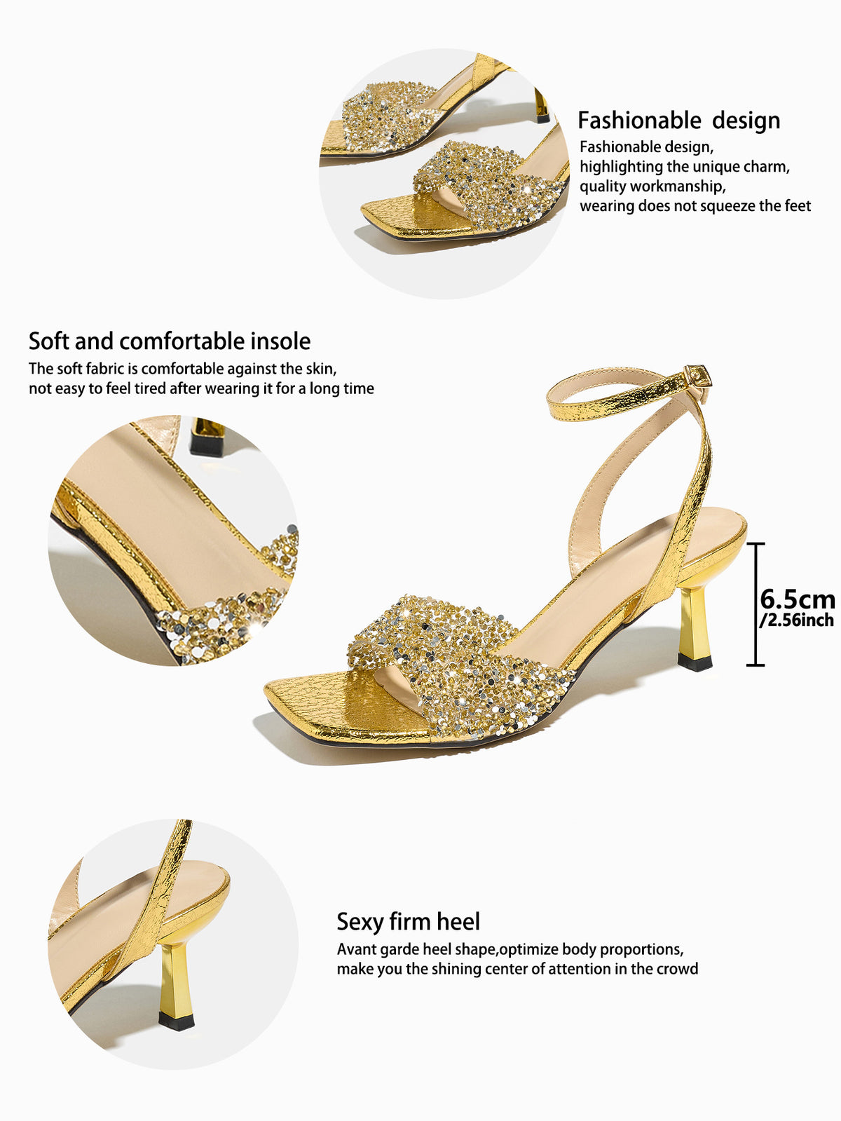 Mescini gold rhinestone square toe heeled sandals, feature graphic with a 6.5 cm callout, US women's sizes