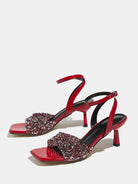 Mescini red rhinestone square toe heeled sandals, pair angled on a light backdrop, US women's sizes