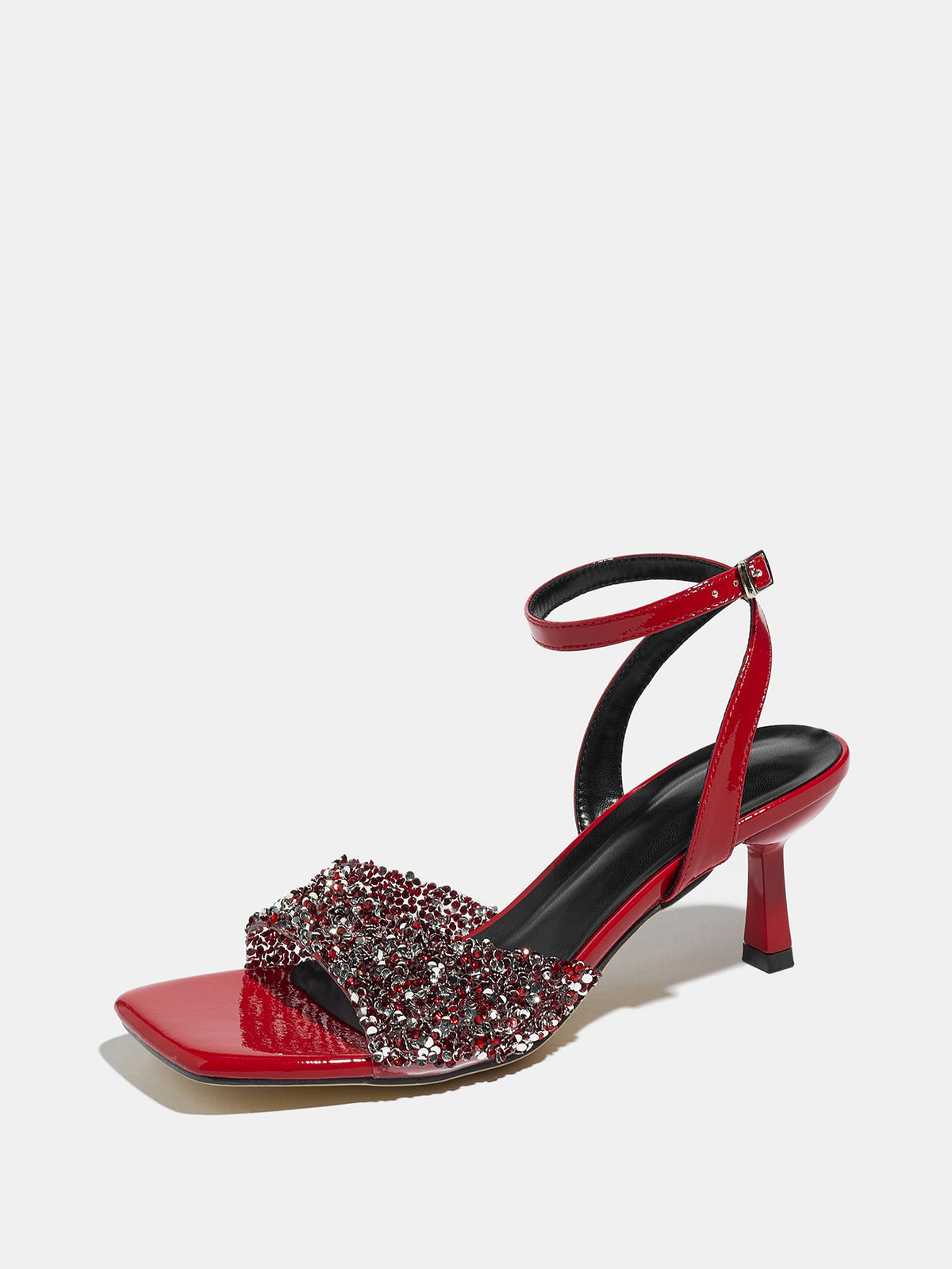 Mescini red rhinestone square toe heeled sandals, single shoe seen from the side, US women's sizes
