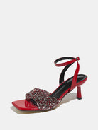 Mescini red rhinestone square toe heeled sandals, single shoe seen from the side, US women's sizes