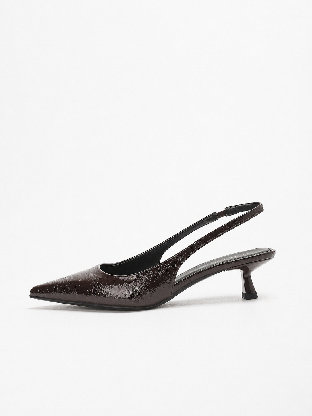 Mescini brown pointed toe slingback kitten heels, single shoe seen from the side, US women's sizes