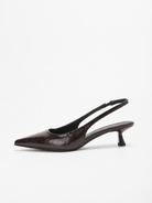 Mescini brown pointed toe slingback kitten heels, single shoe seen from the side, US women's sizes