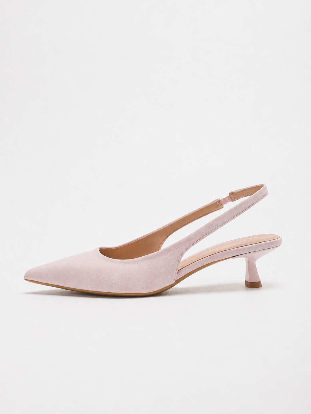 Mescini pink pointed toe slingback kitten heels, single shoe at an angle on white, US women's sizes
