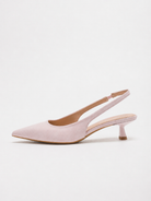 Mescini pink pointed toe slingback kitten heels, single shoe at an angle on white, US women's sizes