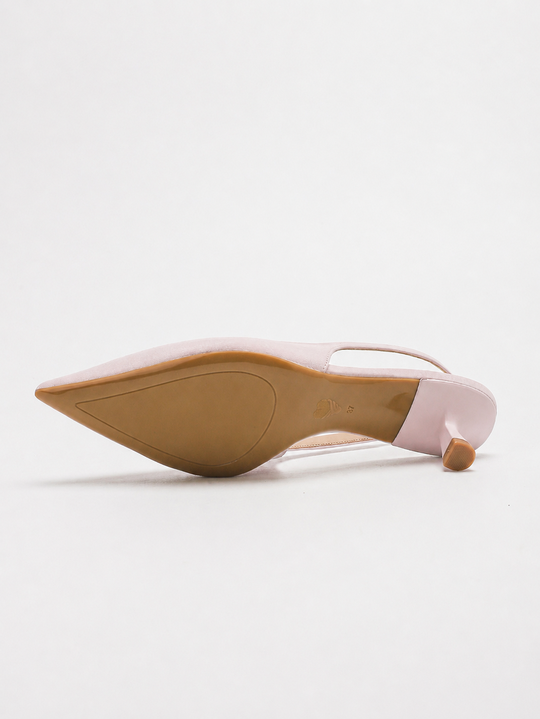 Mescini pink pointed toe slingback kitten heels, underside of a single shoe, US women's sizes