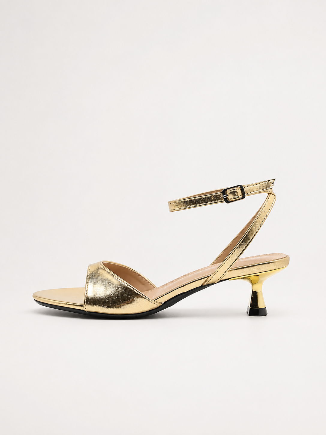 Mescini gold ankle strap kitten heel sandals, single shoe in full side view, US women's sizes