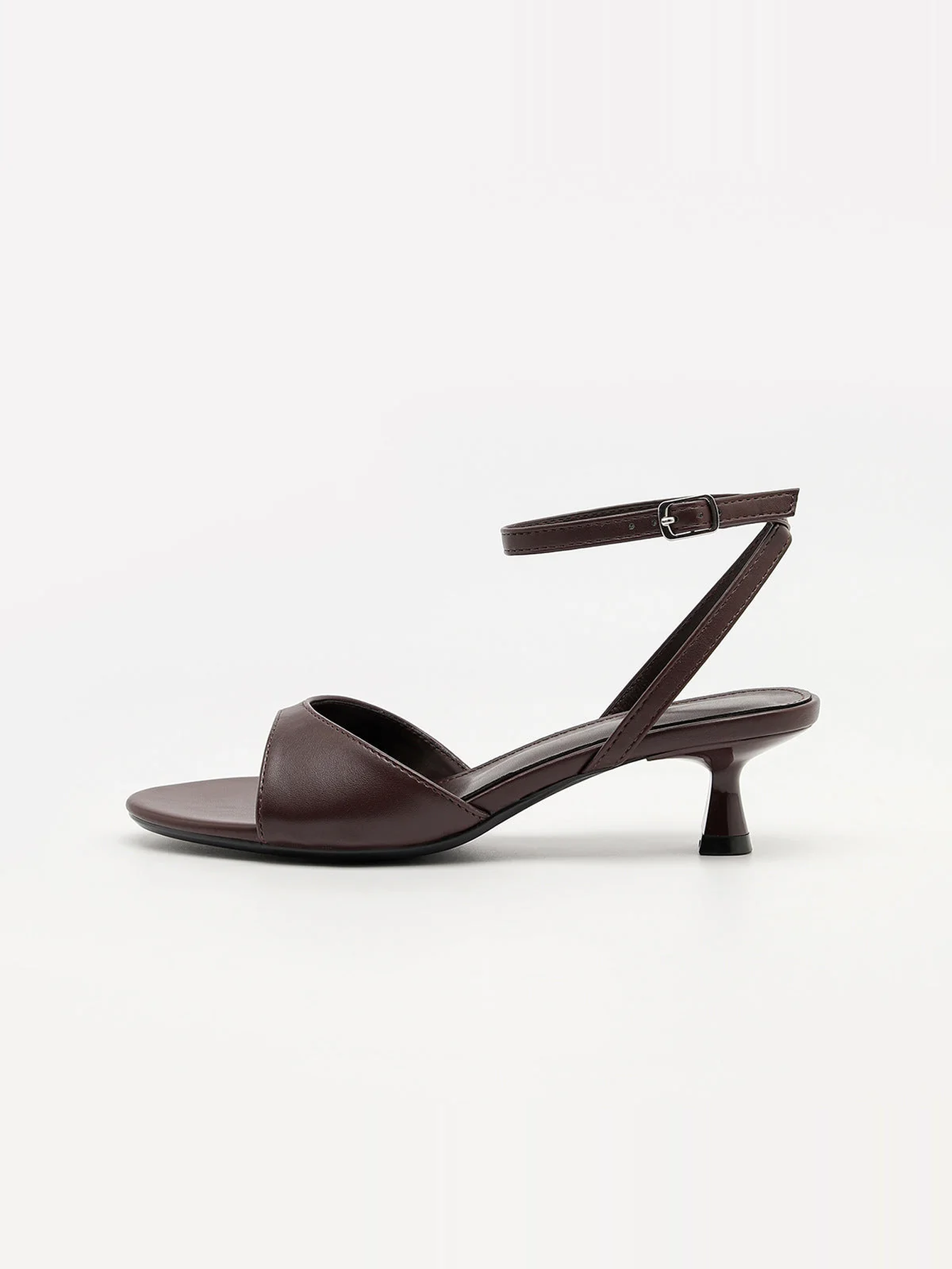 Mescini brown ankle strap kitten heel sandals, one shoe in side profile, US women's sizes