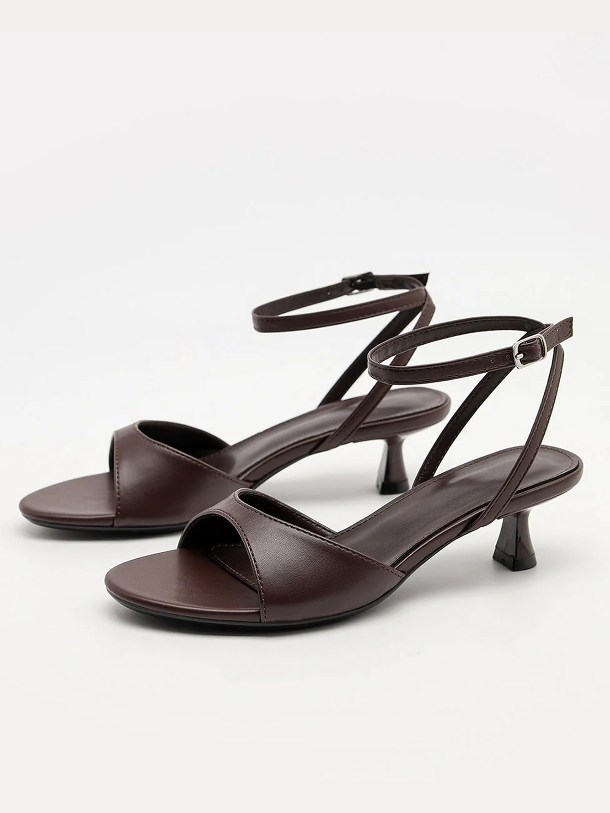Mescini brown ankle strap kitten heel sandals, pair angled with straps buckled, US women's sizes