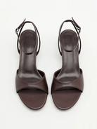 Mescini brown ankle strap kitten heel sandals, pair photographed from above, US women's sizes
