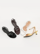 Mescini gold ankle strap kitten heel sandals, all four colors laid side by side, US women's sizes