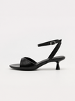 Mescini black ankle strap kitten heel sandals, one shoe from the side, US women's sizes