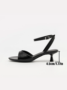 Mescini black ankle strap kitten heel sandals shown with the 4.5 cm height marked, US women's sizes
