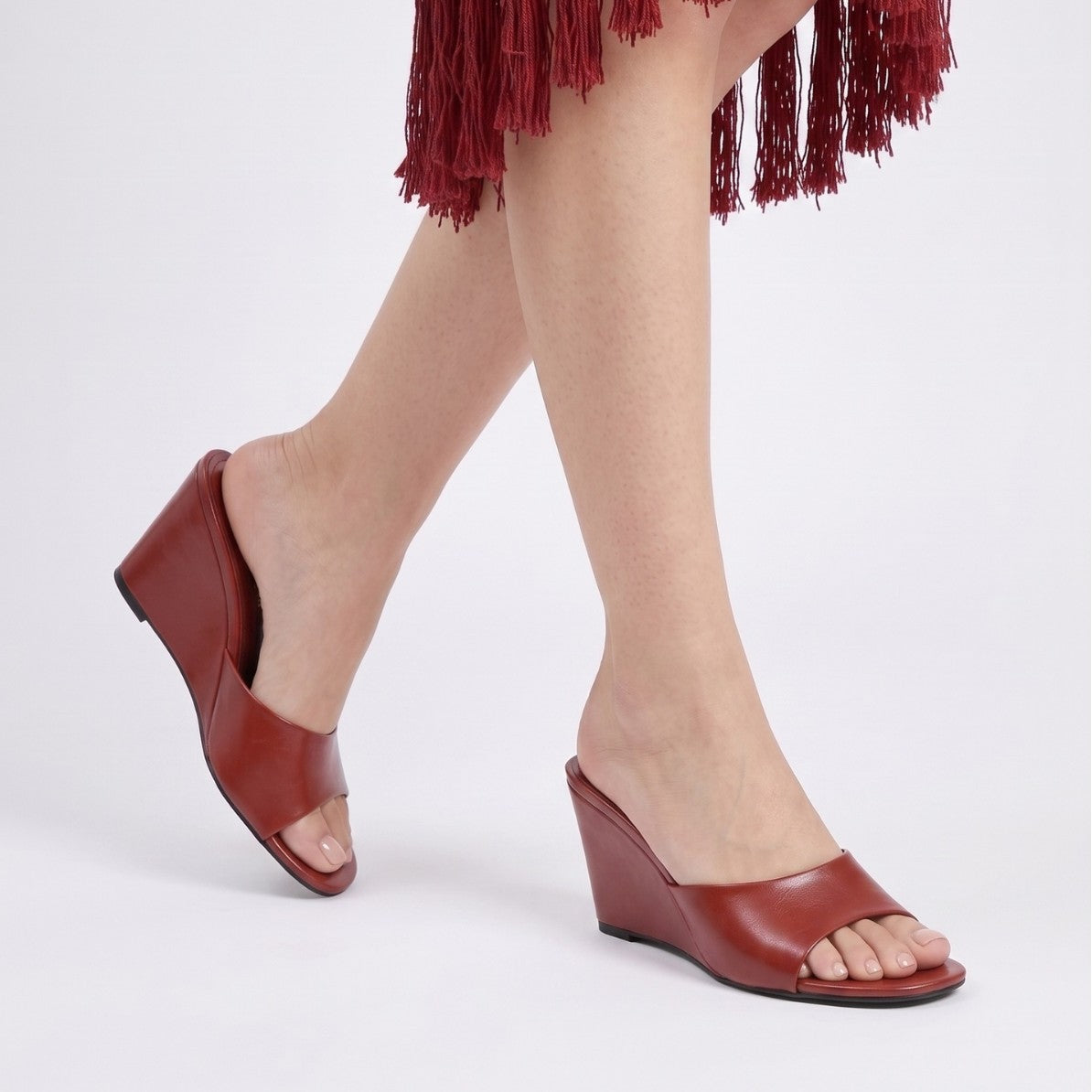 Mescini – red open toe wedge sandals in motion, arch and sole view, US women's sizes
