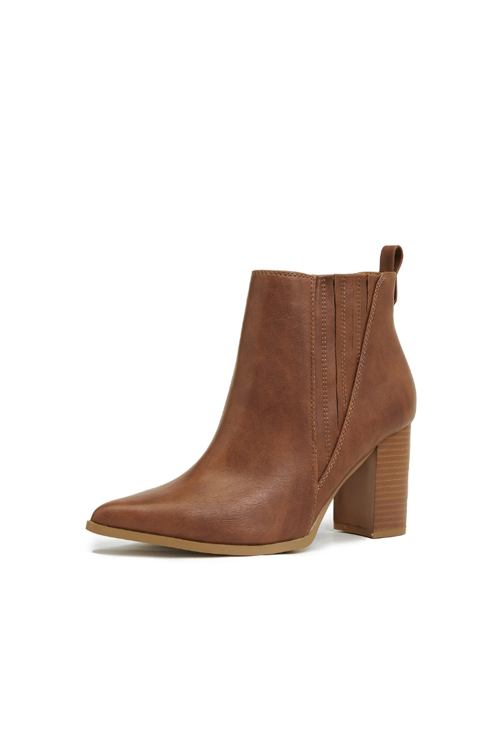 Mescini brown pointed toe block heel chelsea boot, single shoe in side profile, US women's sizes