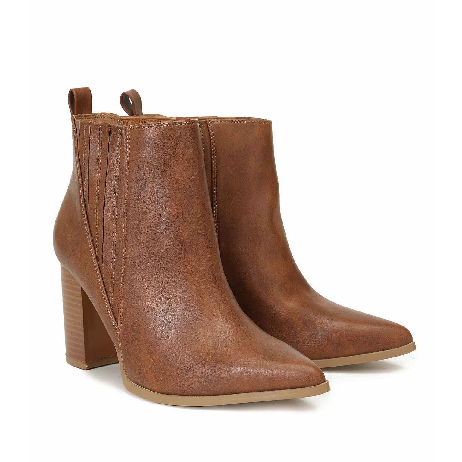 Mescini brown chelsea ankle boots, angled pair on white showing toe line and heel