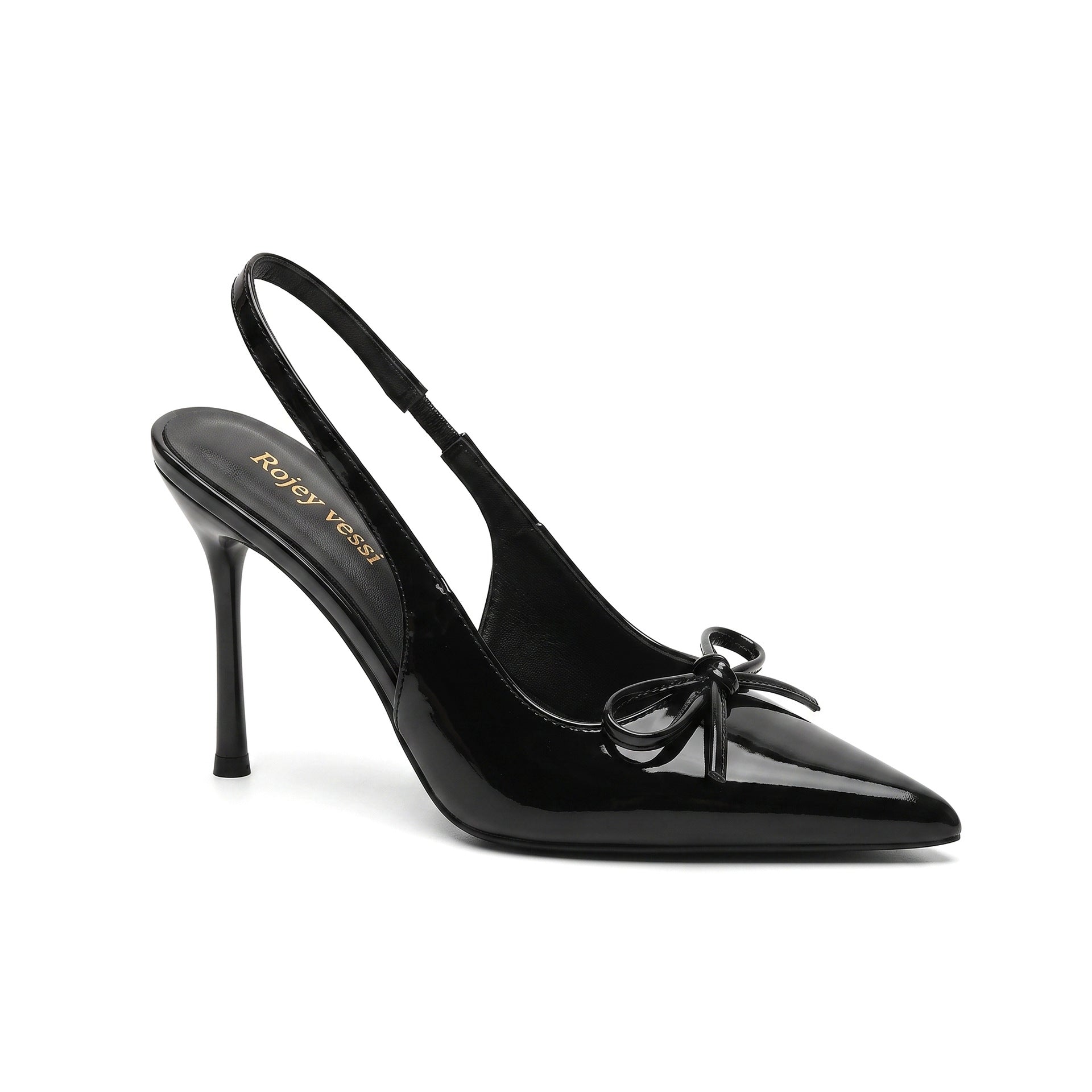 Mescini black patent slingback stiletto heels studio shot, bow on the vamp, US womens sizes