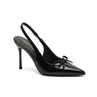 Mescini black patent slingback stiletto heels studio shot, bow on the vamp, US womens sizes