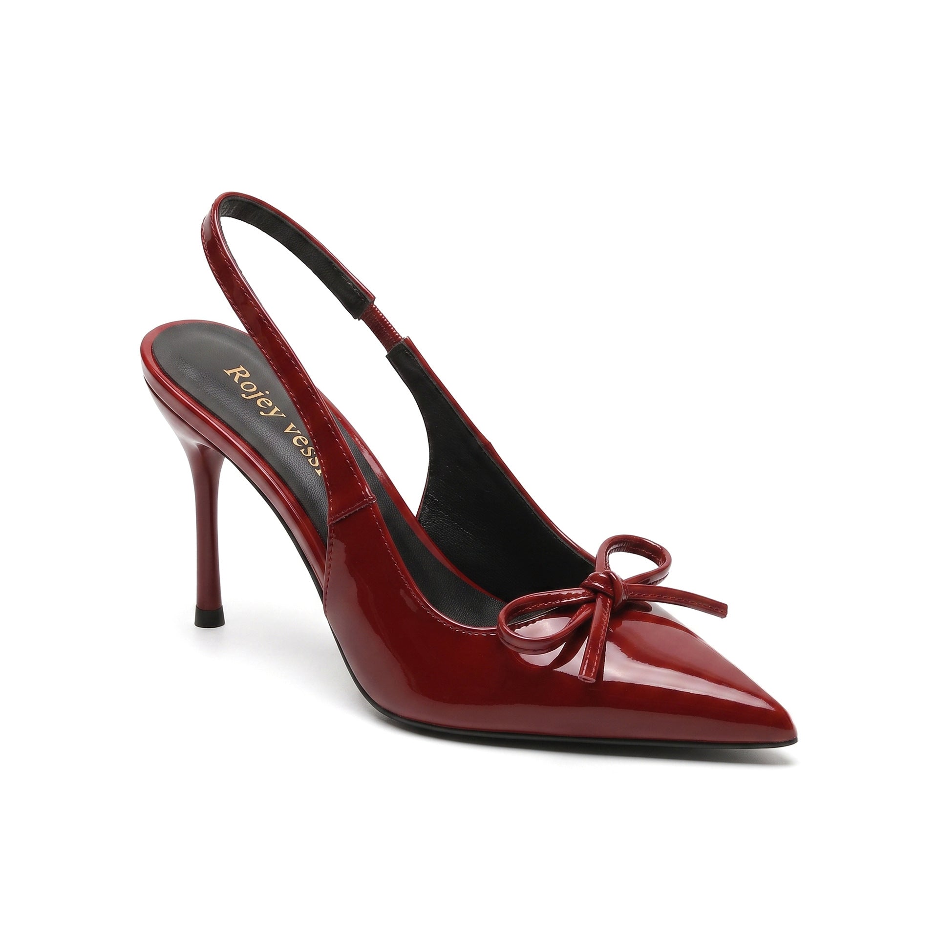 Mescini wine red patent slingback heels studio shot, bow and sling strap, US womens sizes