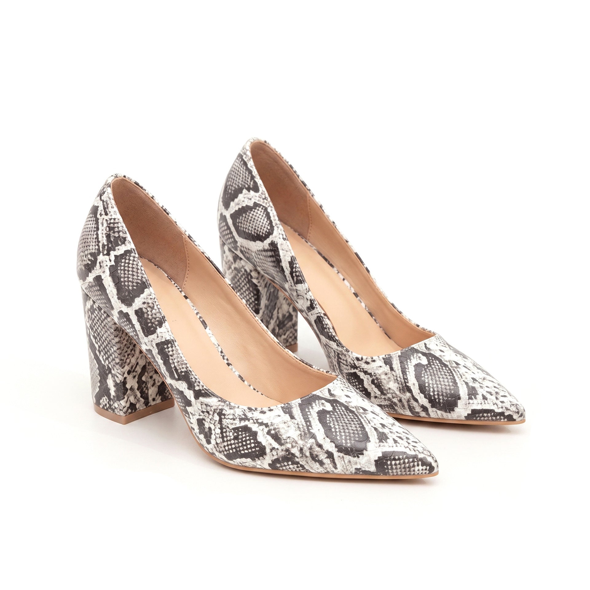 Mescini - natural snake print block heel pumps on white, close view of the stacked heel, US sizes