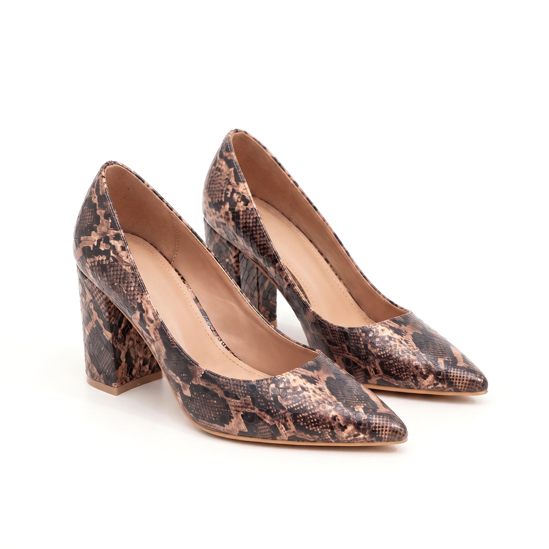 Mescini - brown snake print block heel pumps on a white studio background, angled pair view