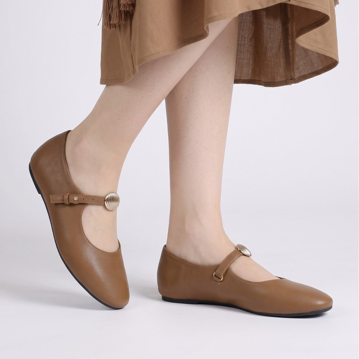Mescini - camel mary jane flat worn, rounded toe and low collar, US women's sizes