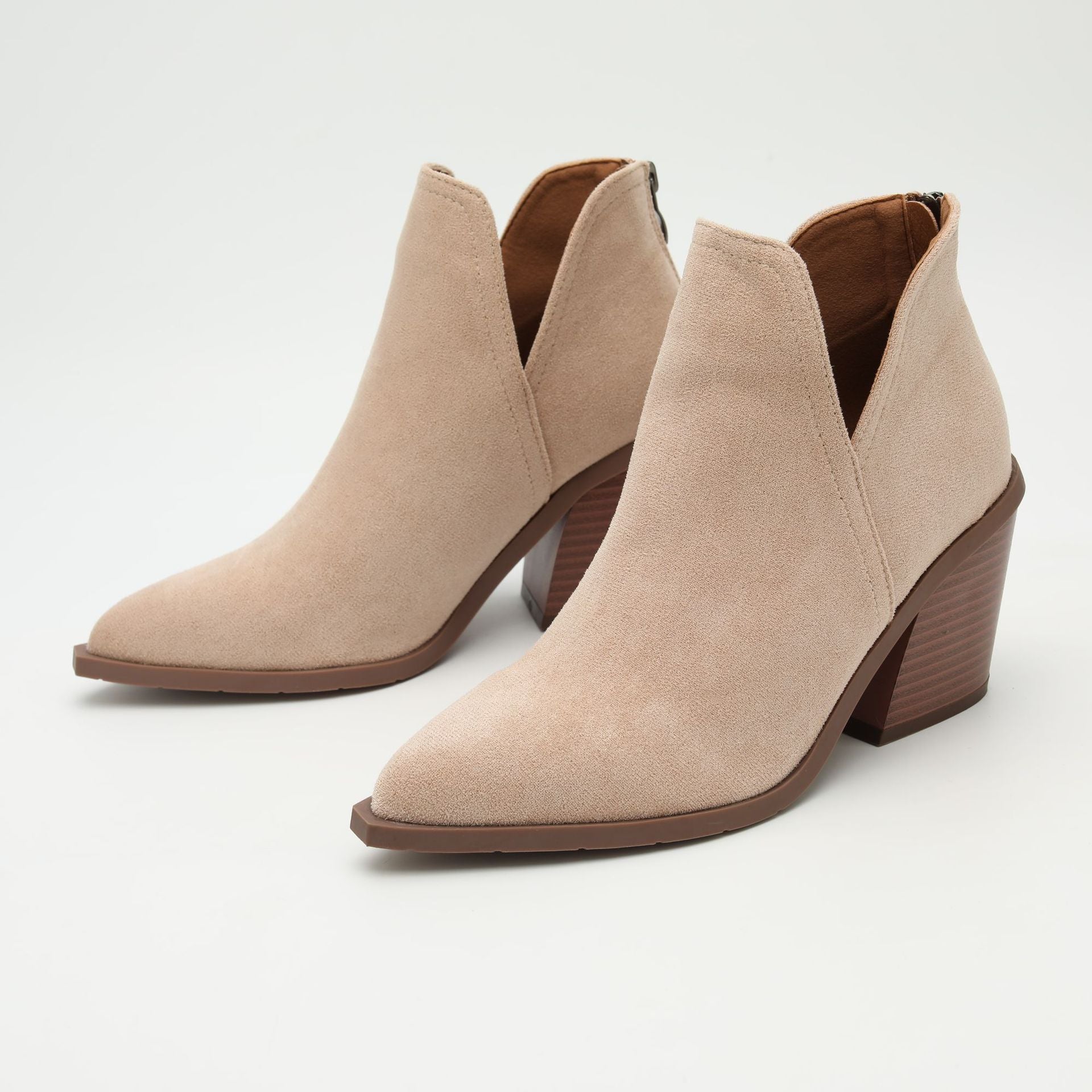 Mescini – blush beige ankle boots standing pair, stacked heel detail, US women's sizes