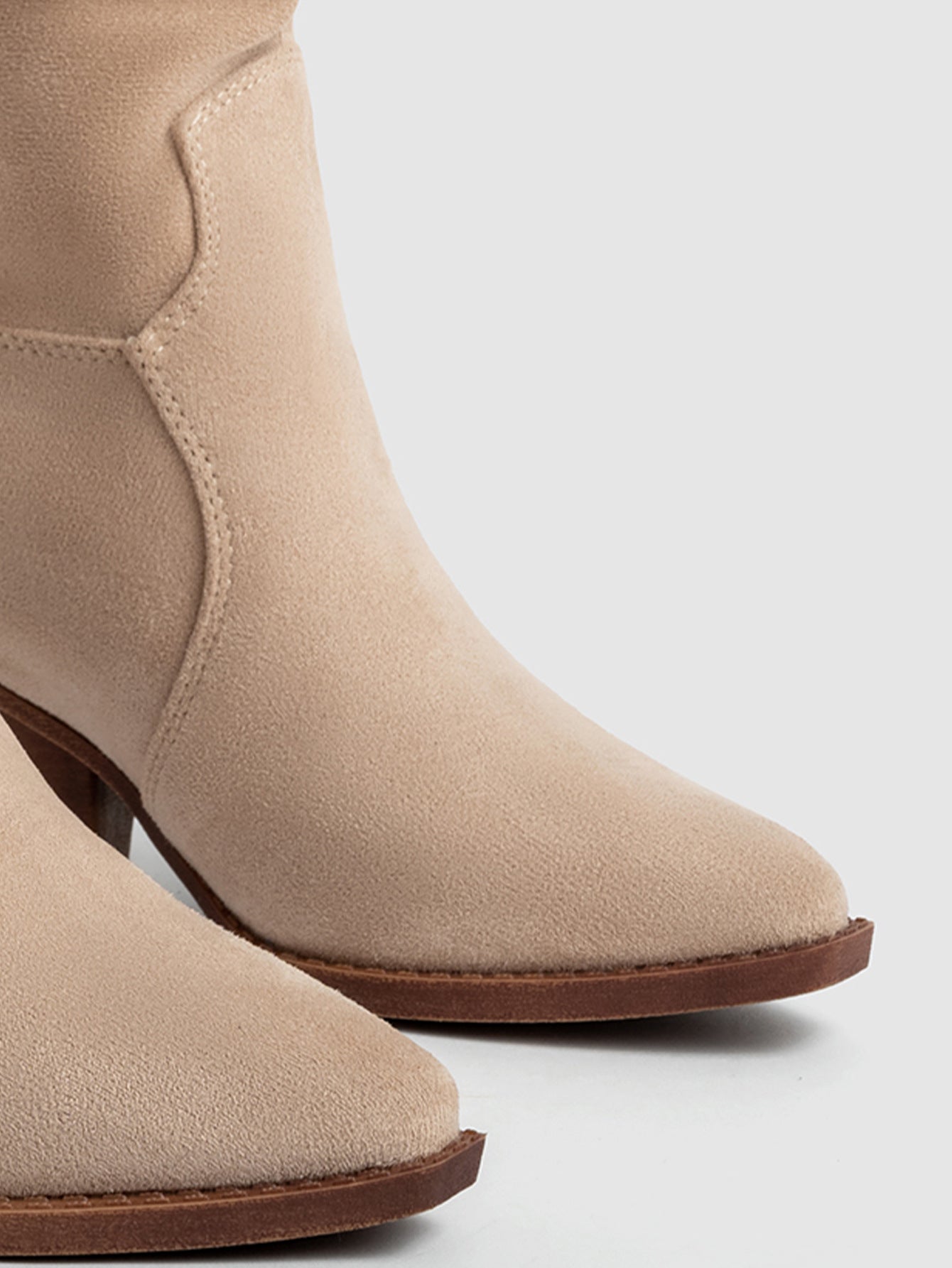 Mescini apricot slouch suede western cowboy boots, close up of the shaft and stacked heel, US women's sizes