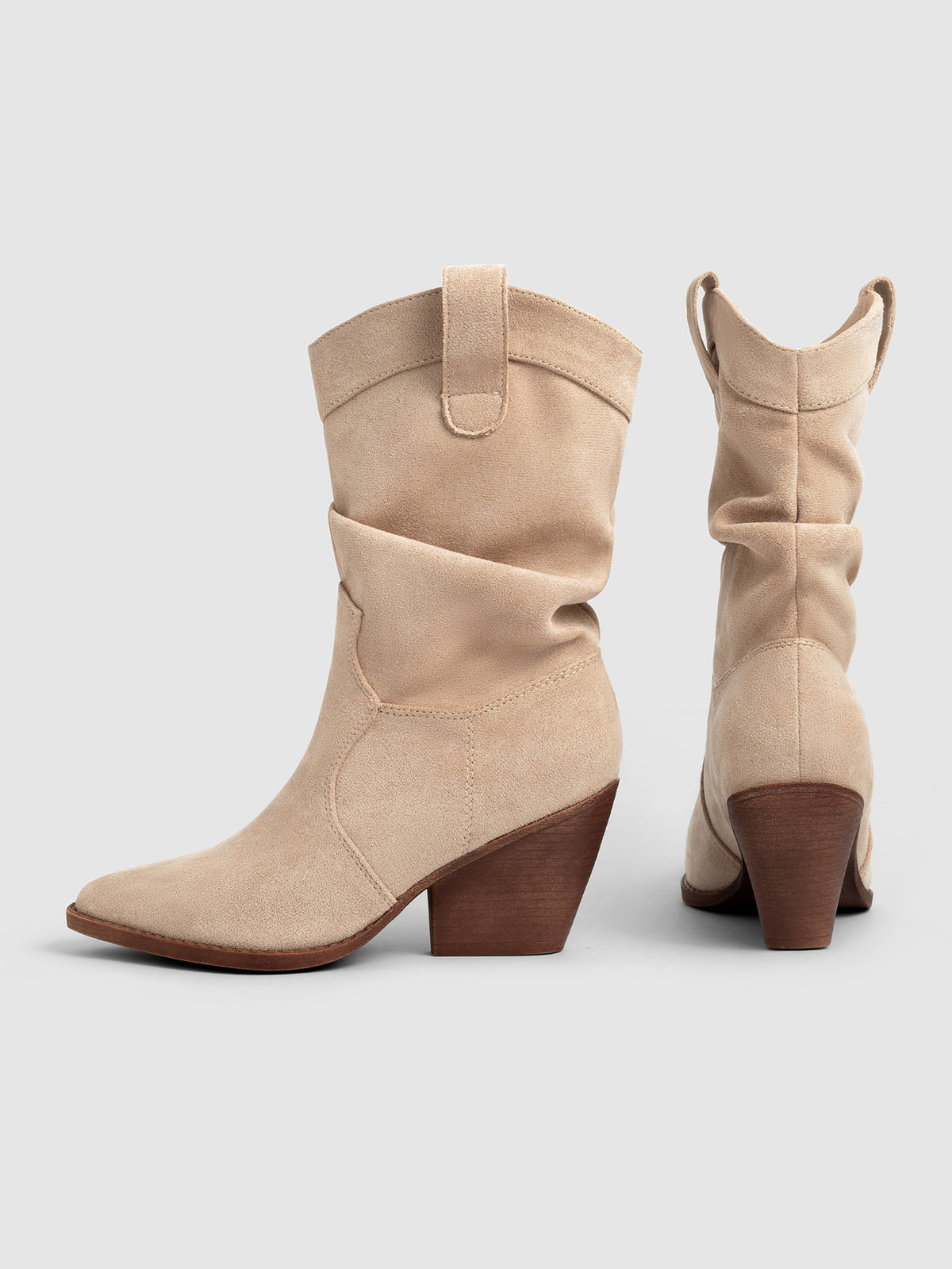 Mescini apricot slouch suede western cowboy boots, pair showing front and back views, US women's sizes