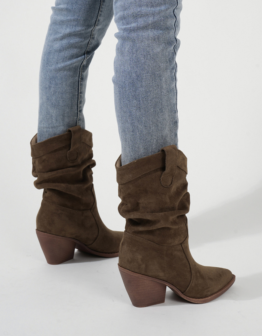 Mescini brown slouch suede western cowboy boots, worn with jeans, seen from behind, US women's sizes