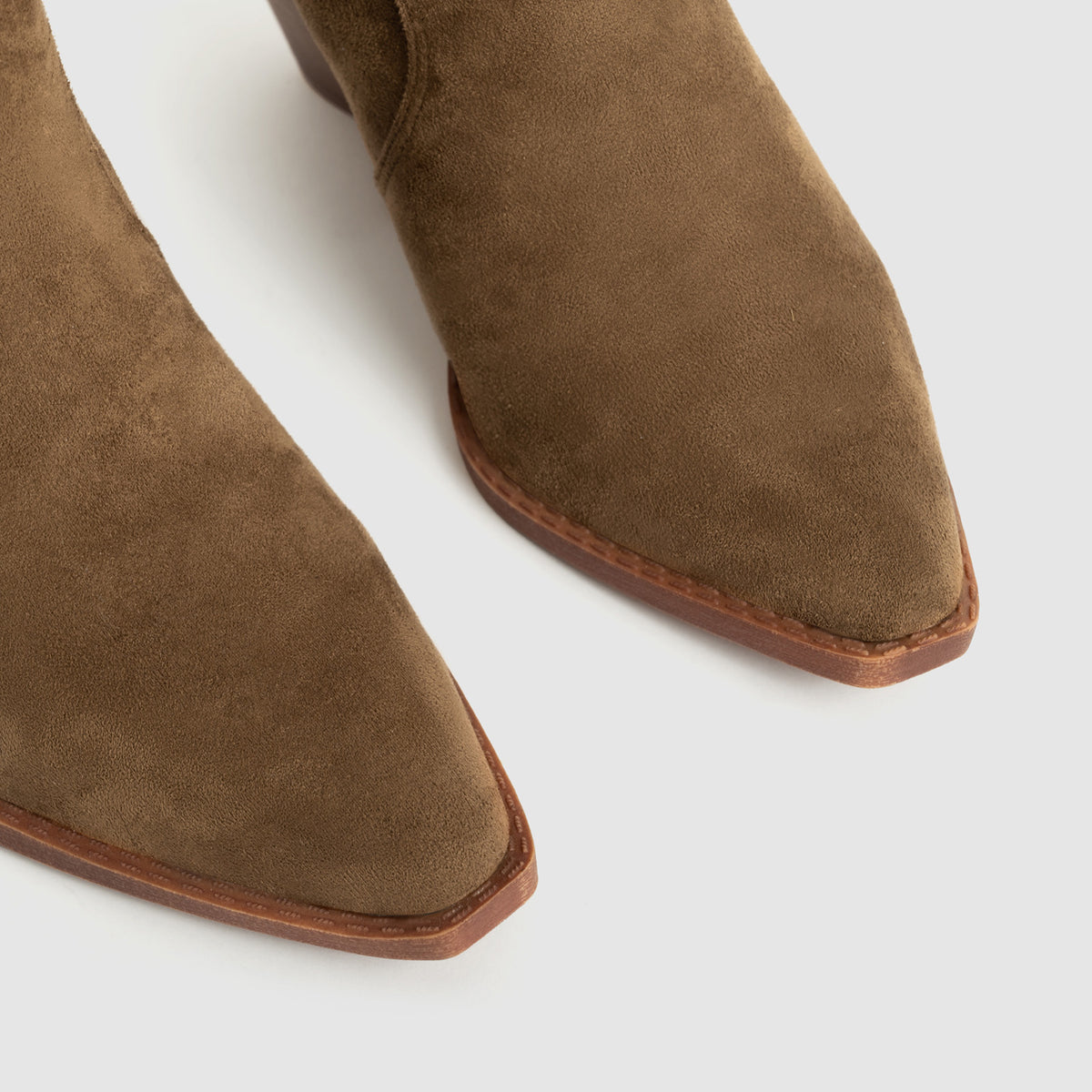 Mescini brown slouch suede western cowboy boots, close up of the pointed toe and welt, US women's sizes