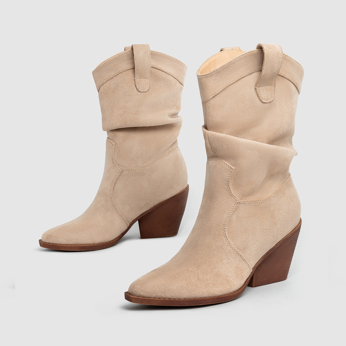 Mescini – sand beige slouch western cowboy boots standing pair, US women's sizes