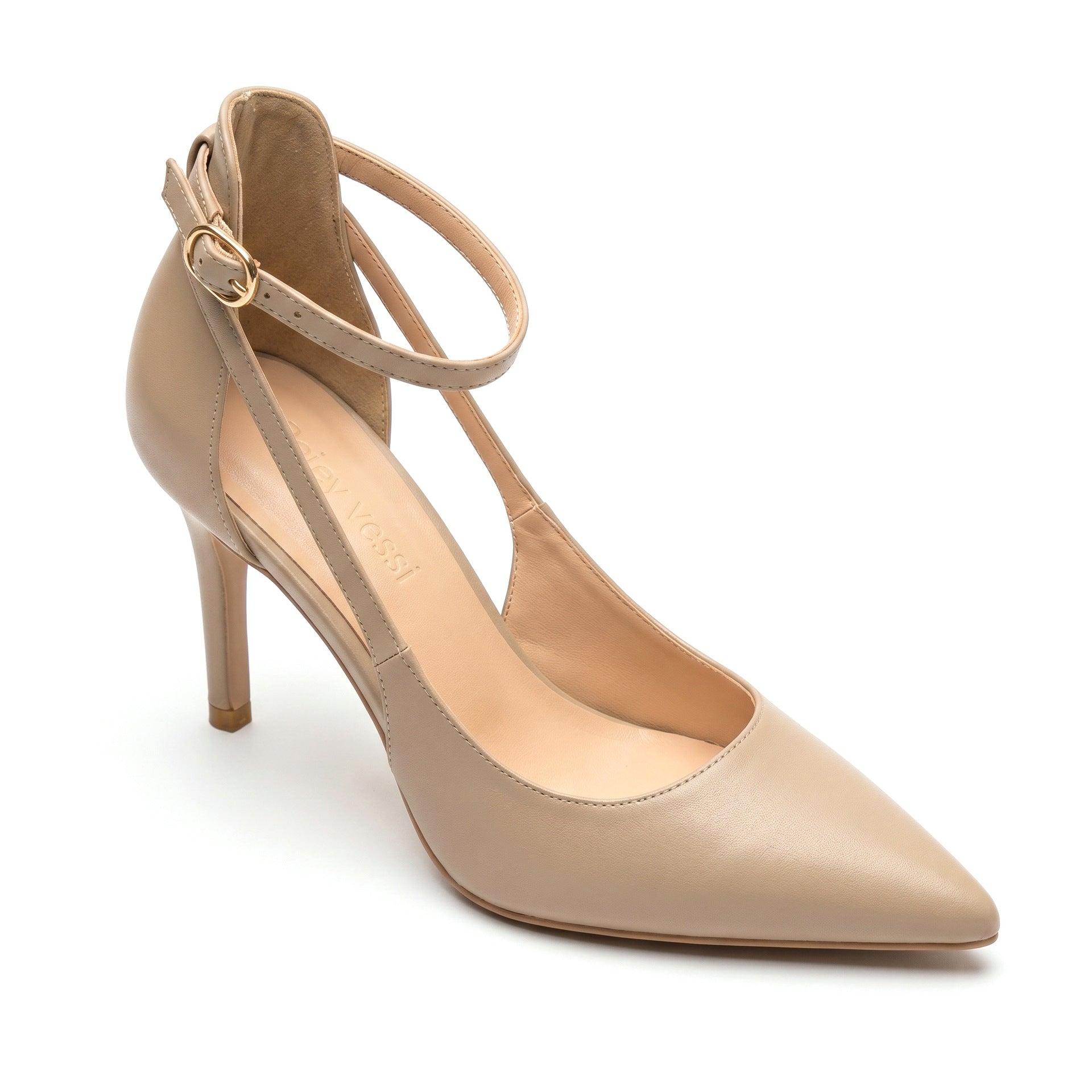 Mescini nude pointed toe ankle strap stiletto pumps, single shoe on a white ground, US women's sizes
