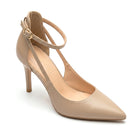 Mescini nude pointed toe ankle strap stiletto pumps, single shoe on a white ground, US women's sizes