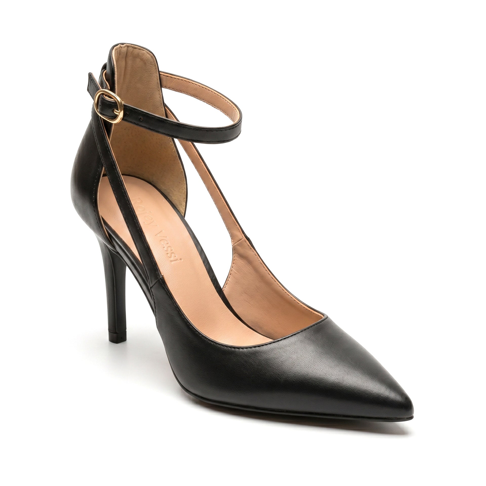 Mescini black pointed toe ankle strap stiletto pumps, single shoe on a white ground, US women's sizes