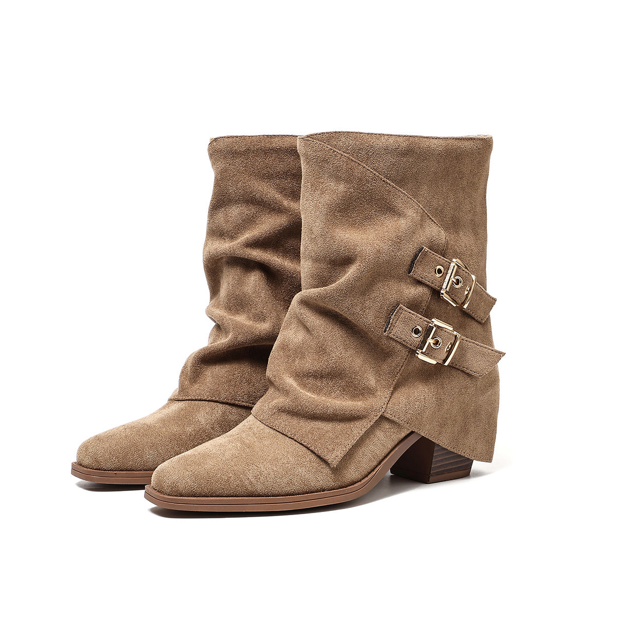 Mescini - khaki mid calf slouch boots, angled studio pair view, US women's sizes