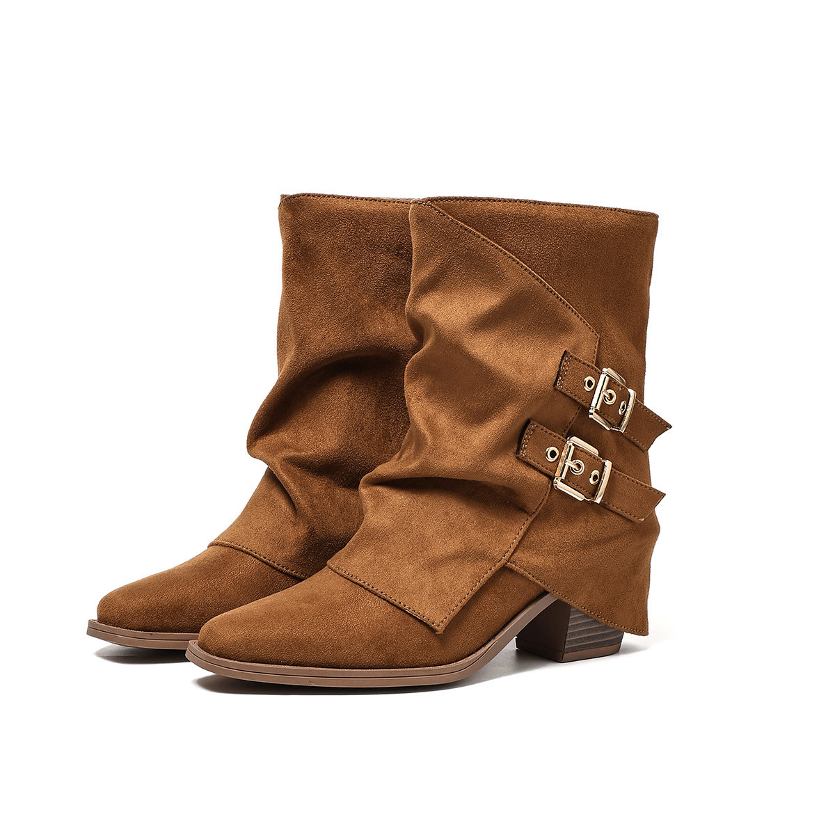 Mescini - camel ruched boots, studio pair showing the stacked heel, US women's sizes