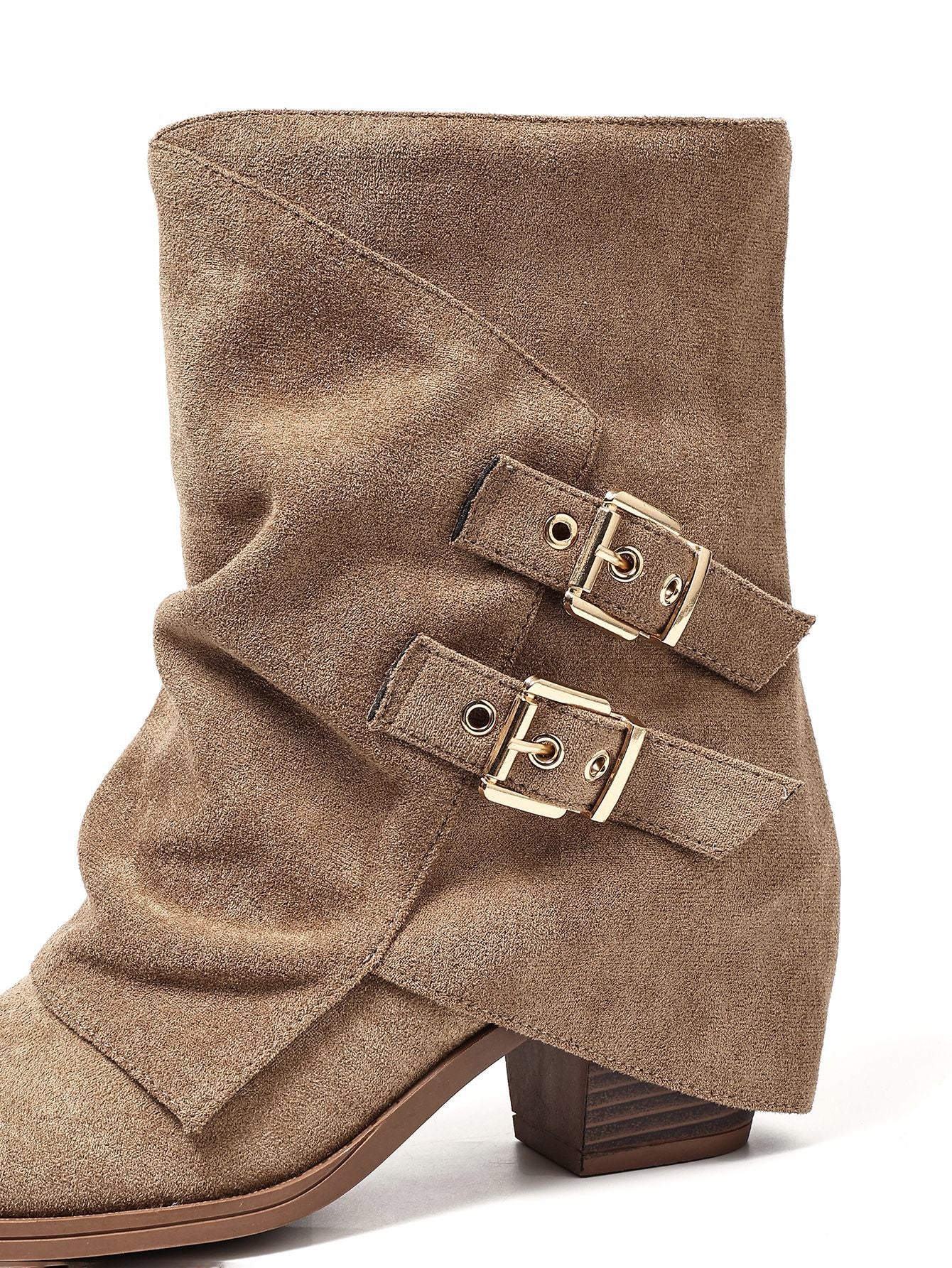 Mescini khaki ruched buckle mid calf slouch boot, close view of the twin straps, US women's sizes