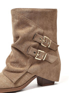 Mescini khaki ruched buckle mid calf slouch boot, close view of the twin straps, US women's sizes