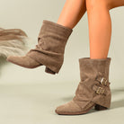 Mescini - khaki ruched mid calf slouch boot worn on the model leg, US women's sizes