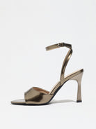 Mescini bronze single band ankle strap sandals, side profile of one shoe on white, US women's sizes