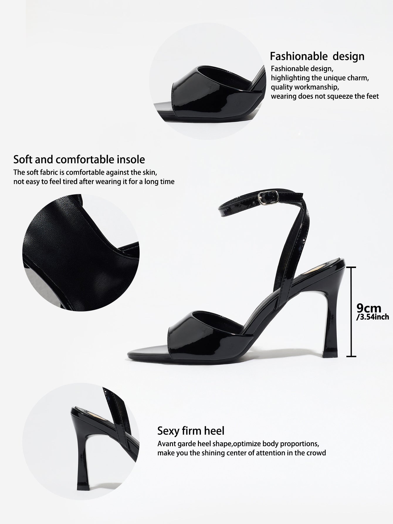 Mescini black single band ankle strap sandals, detail graphic marking the 9 cm heel, US women's sizes
