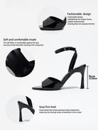 Mescini black single band ankle strap sandals, detail graphic marking the 9 cm heel, US women's sizes