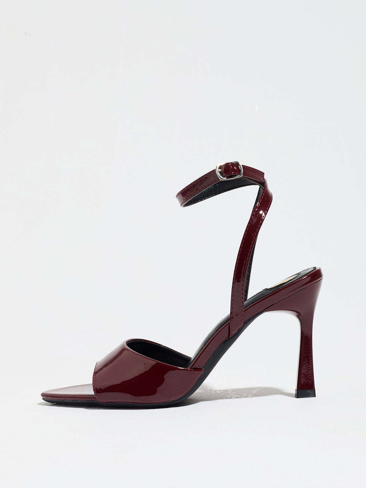 Mescini burgundy single band ankle strap sandals, side profile of one shoe on white, US women's sizes