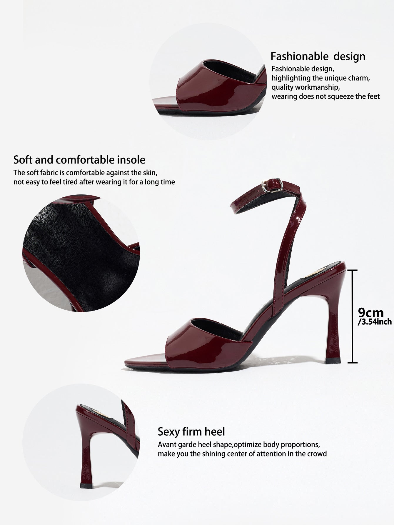Mescini burgundy single band ankle strap sandals, graphic marking the 9 cm heel, US women's sizes