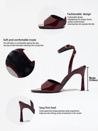 Mescini burgundy single band ankle strap sandals, graphic marking the 9 cm heel, US women's sizes