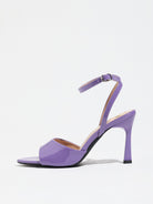 Mescini purple single band ankle strap sandals, side profile of one shoe on white, US women's sizes